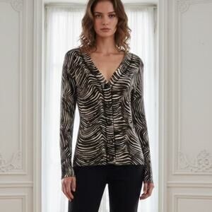 Tory Burch Brown Off White Wavy Stripe Wool Cardigan 4